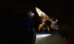 Technicians testing LED lighting in the Coves de Sant Josep cave