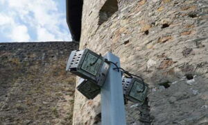 LED installation on the round tower of Greifenstein Castle