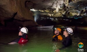 LED underwater lighting in the cave lake of Coves de Sant Josep