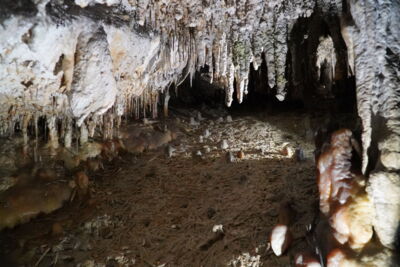 Spacious cave hall with modern LED lighting and dripstone formations