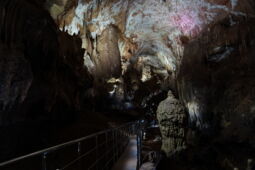 Colorful lighting on the cave ceiling of the Prometheus Cave