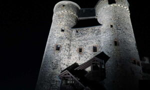 Tower of Greifenstein Castle with modern LED lighting – perfect emphasis on historic architecture