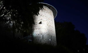 Night view of Greifenstein Castle with LED tower lighting