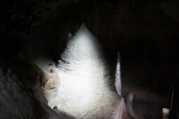 White stalactite column illuminated by LED show cave lighting in Herrmann’s Cave