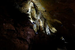 Colorful LED lighting on impressive stalactite formations
