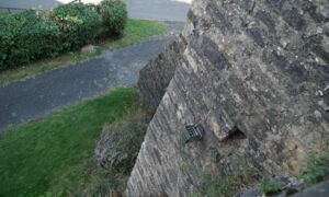 Detail view of historic stonework with modern LED lighting