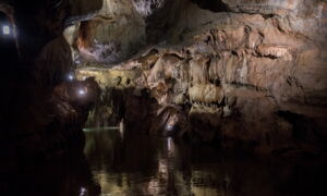 Light reflections of LED illumination on the cave water