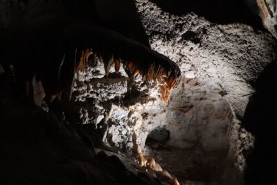 Rock formation with targeted LED lighting highlighting the texture