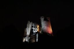 Warm-tone accent lighting emphasizing the architecture of Castle Greifenstein