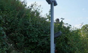 Newly installed lighting pole with LED system below Greifenstein Castle