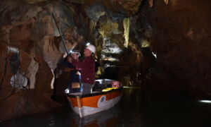 LED test ride with boat team on the cave lake of Coves de Sant Josep