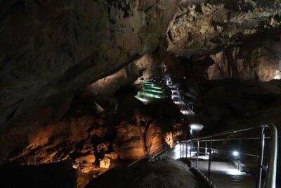 LED lighting along a staircase inside the cave