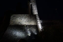 Stairway and wall of Castle Greifenstein with accent LED lighting