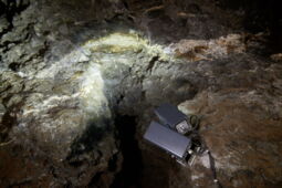 Light accents emphasizing the rock structure in the Klutert Cave