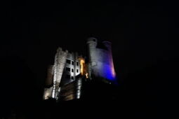 Blue accent lighting adds color highlights to Castle Greifenstein