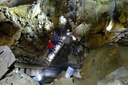 Installation team mounting lighting system in the Bilstein Cave